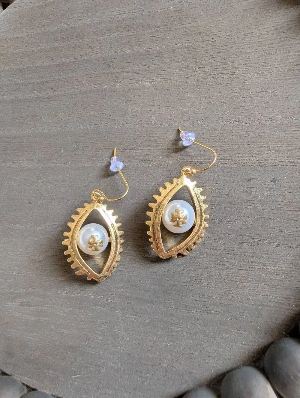 TORY BURCH Asymmetrical Gold Pearl Evil Eye Logo Drop Earrings